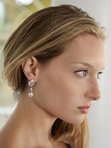 Mariell Pearl Clip-On Wedding Bridal Earrings, Cubic Zirconia Pearl Drop Earrings for Brides, Bridesmaid,