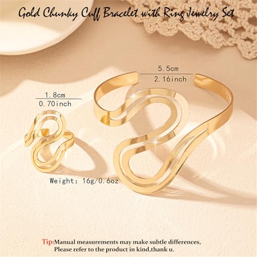 Chunky Cuff Bracelet with Ring Jewelry Set for Women Minimalist Wide Open Bracelet Simple Punk Snake Wrist Cuff Trendy Statement Jewelry