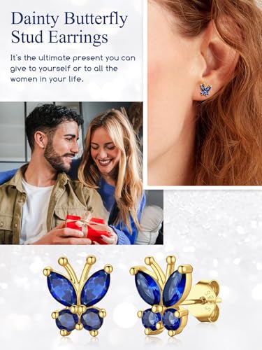 Suplight Butterfly Stud Earrings 925 Sterling Silver 14K Gold Brithstone Earrings for Women Brithstone Jewelry Gifts - color: 09.September ( Sapphire), size: Gold