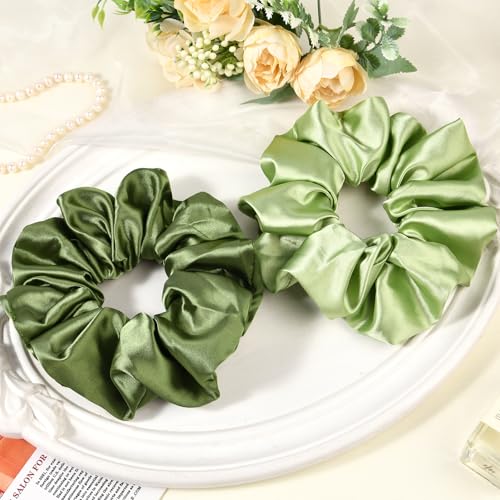 2 PCS Green Jumbo Satin Silky Scrunchies 6.5 Inches Oversized Scrunchie Extra Large Big Hair Ties Ponytail Holder for Thick Curly Hair Women (Sage, Olive Green) - color: Sage, Olive Green