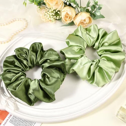 2 PCS Green Jumbo Satin Silky Scrunchies 6.5 Inches Oversized Scrunchie Extra Large Big Hair Ties Ponytail Holder for Thick Curly Hair Women (Sage, Olive Green) - color: Sage, Olive Green