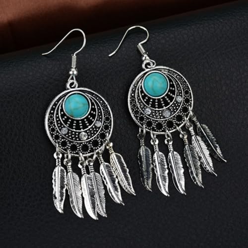 Blue Turquoise Dream Catcher Feather Earrings for Women Vintage Bohemian Western Jewelry - style: Silver Turquoise