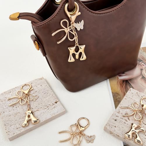 Gold Bubble Heart, Cherry, Bow & More Designs Letter Initial Keychain Bag Charms – Cute Purse Charms for Handbags - color: Bow & Butterfly, style: M