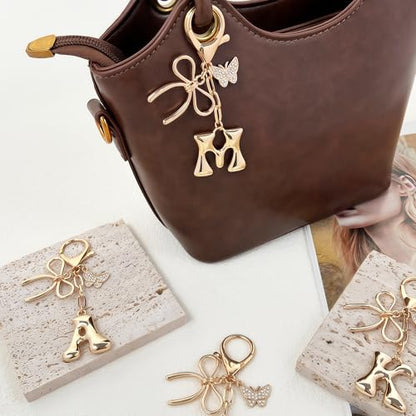 Gold Bubble Heart, Cherry, Bow & More Designs Letter Initial Keychain Bag Charms – Cute Purse Charms for Handbags - color: Bow & Butterfly, style: M