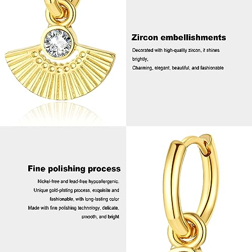 Gold Small Hoop Earrings for Wome | 14K Gold Plated Dainty Small Huggie Earrings S925 Sterling Silver Post Lightweight Drop/Dangle Huggie Earrings - color: Fan Shape