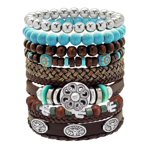 Stack Turquoise Western Bracelets for Women Boho Turquoise Beaded Concho Bangle Ox-Head Charm Cowboy Chic Bracelets Western Jewelry Cowgirl Accessory for Country Concert Outfits - color: Silver Flower Bullhead