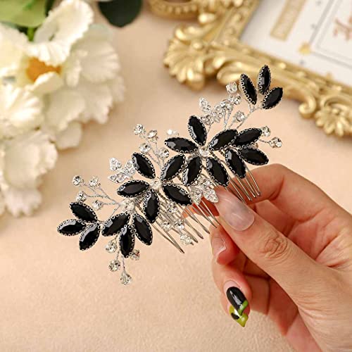 Casdre Crystal Bride Wedding Hair Comb Silver Leaf Bridal Hair Accessories Rhinestone Party Prom Hair Piece for Women and Girls (D Black) - color: D Black
