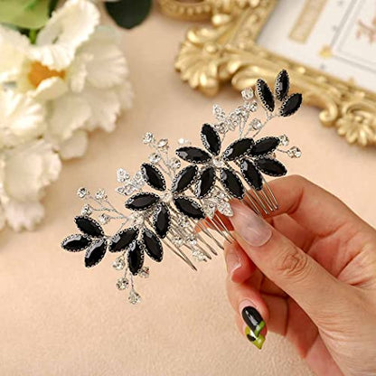 Casdre Crystal Bride Wedding Hair Comb Silver Leaf Bridal Hair Accessories Rhinestone Party Prom Hair Piece for Women and Girls (D Black) - color: D Black