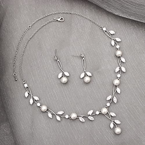 Luxury Cubic Zirconia Aurtrian Crystal Pearl Floral Necklace Dangle Earrings Wedding Bridal Jewelry Set Birthday Gifts for Her - color: Style2-Clear-Silver Plated