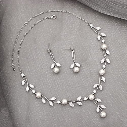 Luxury Cubic Zirconia Aurtrian Crystal Pearl Floral Necklace Dangle Earrings Wedding Bridal Jewelry Set Birthday Gifts for Her - color: Style2-Clear-Silver Plated