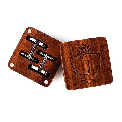 Mens Initial Silver Cufflinks A-Z Alphabet Letter Steel Cuff Links with Engraved Walnut Wood Box Groom Groomsman Wedding Set… - style: J