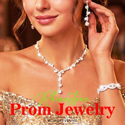 Sixexey Rhinestone Jewelry Set Bridal Necklaces Clip On Earrings Set Wedding Prom Jewelry Accessories for Women - color: Silver