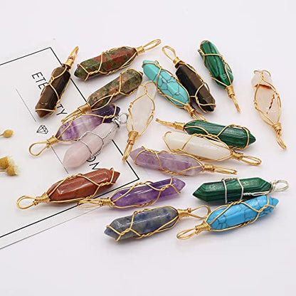 LE SKY 12 Pcs Natural Stone Pendants Hexagonal Pointed Chakra Stone Pendants Wire Knitting Crystal Beads for Jewelry Making Necklace