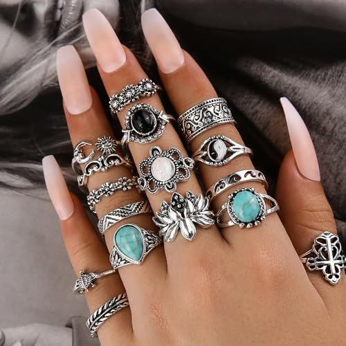 Airvess Vintage Knuckle Rings Set, Chunky Turquoise Stackable Rings, Silver Joint Finger Stacking Rings, Bohemian Western Jewelry for Women - style: 16 Pcs