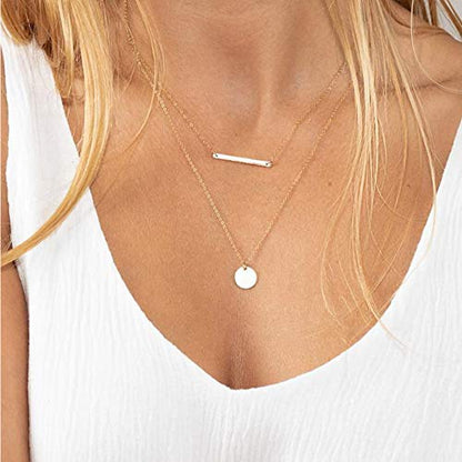 Turandoss Dainty Layered Choker Necklace, Handmade Y Pendant Necklace Multilayer Bar Disc Necklace Adjustable Layering Choker Necklaces for Women - style: 3PCS - Circle&Bar&Disc