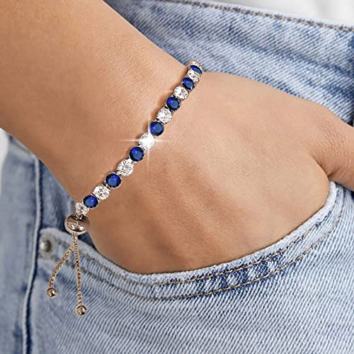 4 Pcs Tennis Bracelet Set Silver Plated Marquise Cubic Zirconia CZ Diamond Dainty Adjustable Silver Bracelets for Women Brides Stackable Fashion Jewelry Wedding Prom Gift - color: Blue-3PCS Tennis Bracelet Set
