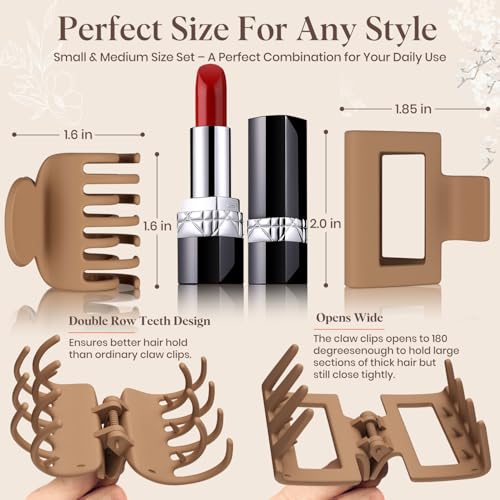 8 Pcs Medium Hair Clips for Women Girls - 2 Styles Rectangle and Double Row Teeth Small Claw Clips for Thin Fine Thick Hair, Matte Non-slip Strong Hold Jaw Clips Hair Accessories, Brown - color: Brown