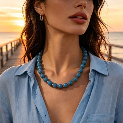 Colorful Beaded Necklace for Women Boho Statement Chunky Necklace Natural Stone Beads Gemstone Choker Necklaces Handmade Summer Beach Jewelry - color: Dark Blue