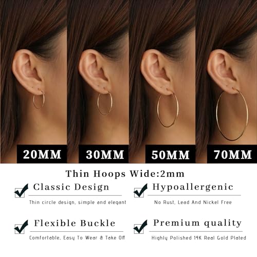 Senteria 2mm Thin 925 Sterling Silver Hoop Earrings for Women Hypoallergenic - color: gold 70mm