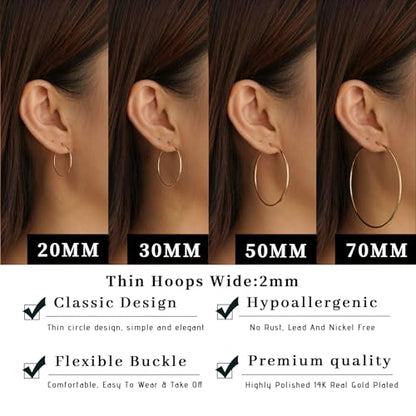 Senteria 2mm Thin 925 Sterling Silver Hoop Earrings for Women Hypoallergenic - color: gold 70mm