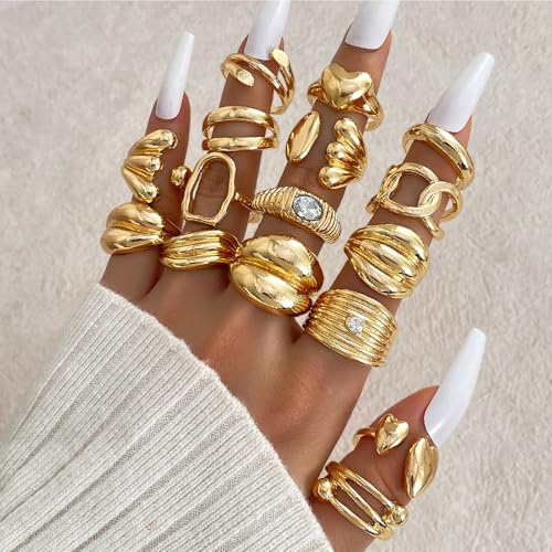 17IF 16 Pcs Chunky Gold Rings Set for Women, 14K Gold Plated | Classic Thick Adjustable Rings, Stackable Midi Finger Womens Stack Ring Pack for Jewelry Gifts - style: Golden-B