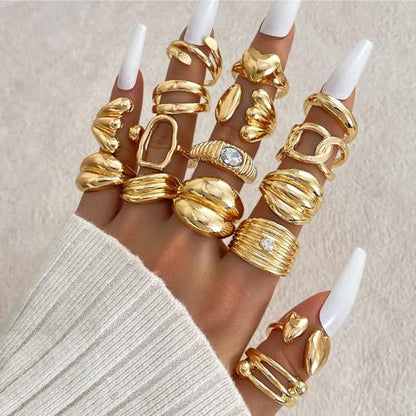17IF 16 Pcs Chunky Gold Rings Set for Women, 14K Gold Plated | Classic Thick Adjustable Rings, Stackable Midi Finger Womens Stack Ring Pack for Jewelry Gifts - style: Golden-B