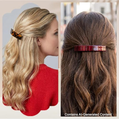2 Pack French Design Hair Barrettes Tortoise Shell Acetate Celluloid Rectangle Hair Clips for Women - color: Dark Tortoise+Burgundy