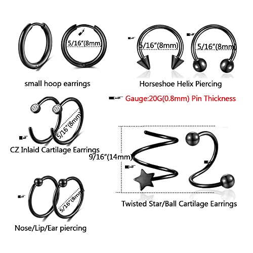 38Pcs Stainless Steel Earrings Set for Women Men 14K Gold Plated Small Flat Back Stud Earrings Hoop Earrings Women Men Hypoallergenic Cubic Zirconia Earrings Cartilage Earrings Rook Daith Tragues Lobe Conch Septum Piercing Jewelry - color: C:Black