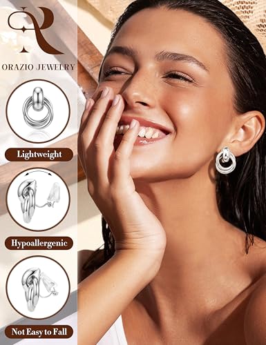 ORAZIO Clip On Earrings Women Geometric Statement Unique Non Pierced Earrings 14K Gold Plated Knot Chunky Drop Dangle Hoop Stud Clip-on Earrings for Women Trendy - color: Style A-Silver Plated