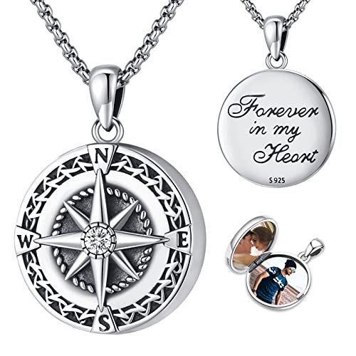 Compass Necklace for Women Men 925 Sterling Silver Pendant Urn Necklaces for Ashes Picture Locket Necklace Anchor Necklace Viking Necklace Crystals CZ Moonstone Abalone Shell Turquoise Compass Jewelry - color: Q-I-Compass Picture Locket, style: Locket