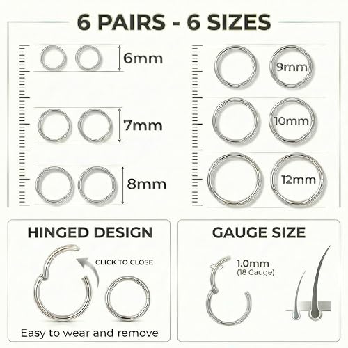6Pairs Nose Rings Hoops - 316L Surgical Steel Hinged Nose Hoops 16G/18G/20G Clicker Septum Nose Ring Lip Helix Cartilage Hoop Earring Daith Rook Conch Body Piercing Jewelry for Women Men 6mm 7mm 8mm 9mm 10mm 12mm - color: Silver, size: 18 gauge(1mm)