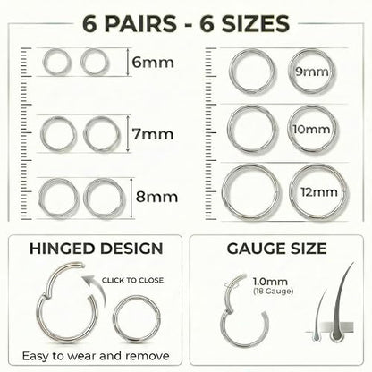 6Pairs Nose Rings Hoops - 316L Surgical Steel Hinged Nose Hoops 16G/18G/20G Clicker Septum Nose Ring Lip Helix Cartilage Hoop Earring Daith Rook Conch Body Piercing Jewelry for Women Men 6mm 7mm 8mm 9mm 10mm 12mm - color: Silver, size: 18 gauge(1mm)
