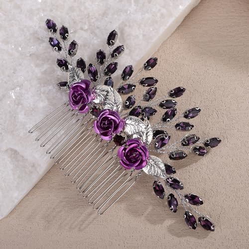 Silver Rose Flower Hair Comb with Purple Crystal for Wedding Women Bridal Hair Accessories for Prom Speical Occasion (Purple) - color: Purple