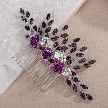 Silver Rose Flower Hair Comb with Purple Crystal for Wedding Women Bridal Hair Accessories for Prom Speical Occasion (Purple) - color: Purple