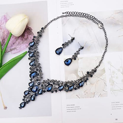 CSY Elegant Crystal Costume Jewelry Sets Flower Bridal Necklace Earrings Stretch Bangle Set for Bride Bridesmaid Wedding Dress Accessories - color: navy blue crystal