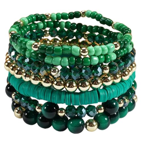 7/12Pcs Set Bohemian Stackable Crystal Seed Beaded Elastic Stretch Bracelet Multilayerd Handmade Brass Bead for Women Jewelry Surfer Heishi Polymer Clay Layering - color: red