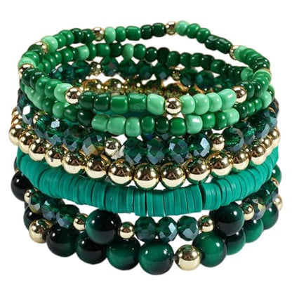 7/12Pcs Set Bohemian Stackable Crystal Seed Beaded Elastic Stretch Bracelet Multilayerd Handmade Brass Bead for Women Jewelry Surfer Heishi Polymer Clay Layering - color: red