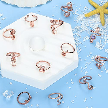 12PCS Adjustable Toe Rings for Women 14K Gold Plated | Open African Toe Rings, Summer Beach Foot Jewelry Set - color: Rose Gold