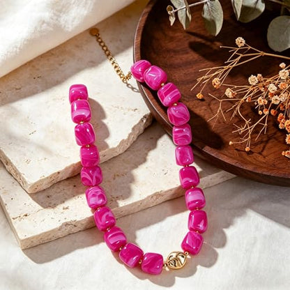 Beaded Necklaces for Women Boho Chunky Necklace Statement Big Resin Bead Choker Fashion Summer Beach Jewelry - color: Rose Red