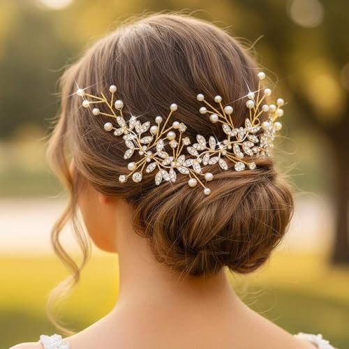 Unsutuo Bridal Crystal Headband Gold Rhinestone Hair Vine Pearls Wedding Accessories for Women and Girls(Gold) - color: Gold