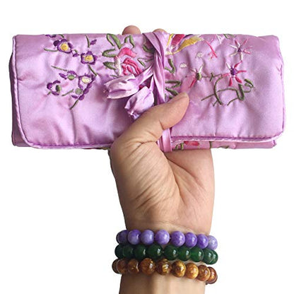 Travel Jewelry Roll Bag - Embroidered Brocade Pouch for Rings, Necklaces, Earrings, Bracelets | Lightweight & Tie Closure (Light Purple) - color: Light Purple