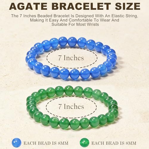 2PCS Agate Bracelet for Women Men Natural Round Beaded Agates Stone Healing Stretch Bracelets Elastic Handmade Polished Gemstone Beads Bracelet - color: Blue+Green, size: 8mm Beads