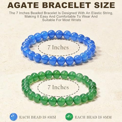 2PCS Agate Bracelet for Women Men Natural Round Beaded Agates Stone Healing Stretch Bracelets Elastic Handmade Polished Gemstone Beads Bracelet - color: Blue+Green, size: 8mm Beads