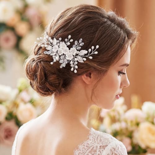 Unicra Flower Bride Wedding Hair Comb Leaf Silver Bridal Headpiece Pearl Hair Accessories Crystal Hair Piece Jewelry for Women (A Silver) - color: A Silver