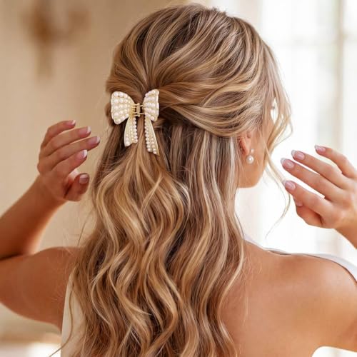 CAKURE Bow Claw Clips Gold Hair Clips Hair Accessories for Women | 2 PCS Pearl Bow Hair Claw Clips for Thin Hair Cute Small Claw Jaw Clips Daily Prom Wedding
