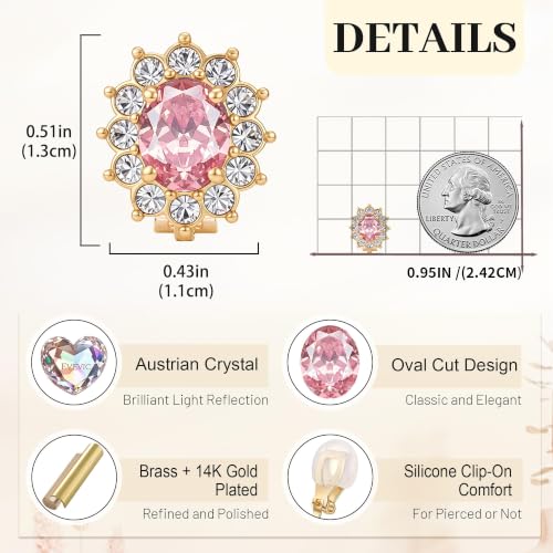 EVEVIC Oval Austrian Crystal Halo Clip On Earrings for Women | Oval Austrian Crystal with Zircon Halo,14K Gold-Plated,Silicone Comfort Pad,Gift Box Included,For Daily and Evening Events - color: Pink