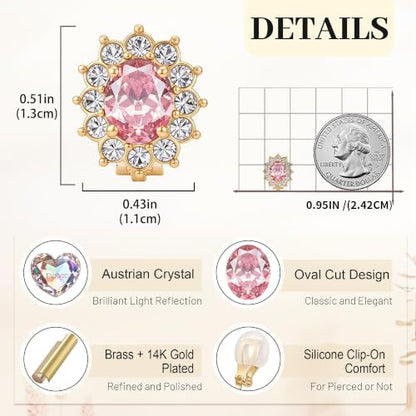 EVEVIC Oval Austrian Crystal Halo Clip On Earrings for Women | Oval Austrian Crystal with Zircon Halo,14K Gold-Plated,Silicone Comfort Pad,Gift Box Included,For Daily and Evening Events - color: Pink
