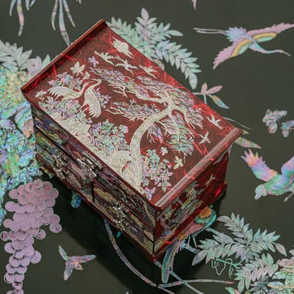 February Mountain Handcrafted Mother of Pearl Jewelry Box – Korean Traditional Design | Unique Keepsake Organizer for Women, Mom, Grandma | Gift for Christmas, Birthday, Anniversary - style: Crane and Pine Tree - Red