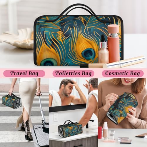Bohemian Peacock Feather Hanging Roll Up Cosmetic Bag with 4 Removable Storage Bags Waterproof Foldable Toiletry Kit for Women - color: Multicolor 11