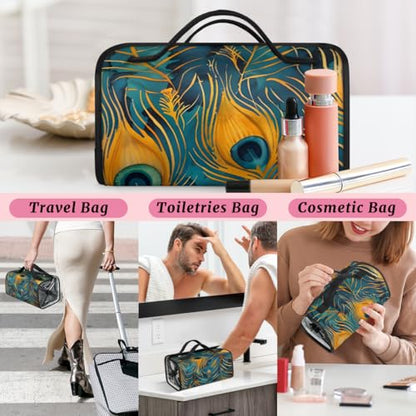 Bohemian Peacock Feather Hanging Roll Up Cosmetic Bag with 4 Removable Storage Bags Waterproof Foldable Toiletry Kit for Women - color: Multicolor 11